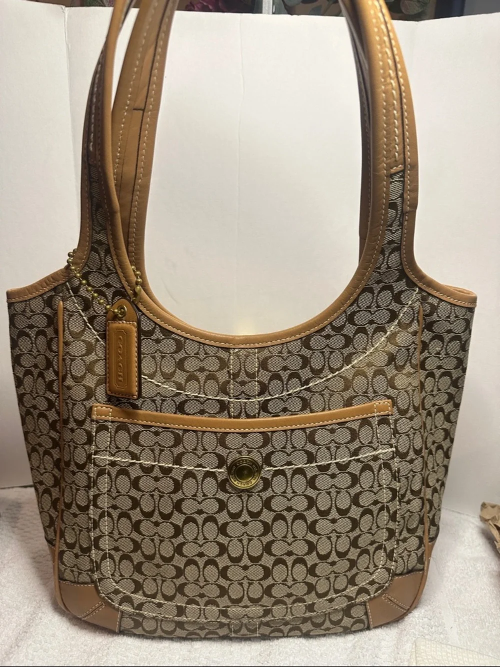 Rare Coach Ergo Khaki Signature mini C’s Canvas Hobo Tote with Caramel Leather - Picture 4 of 13